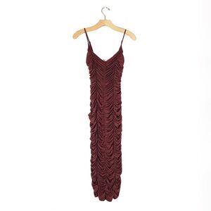 MICHAEL COSTELLO Freya Midi Dress Ruched Bodycon Chocolate Brown Y2k Clean Girl